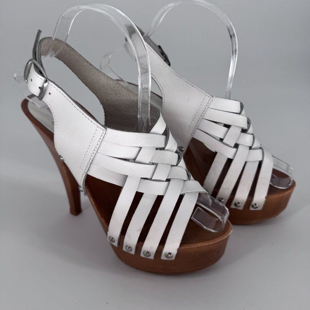White Leather Woven Y2K Platform Heels Slingback Sandals Size 7 - Picture 3 of 13